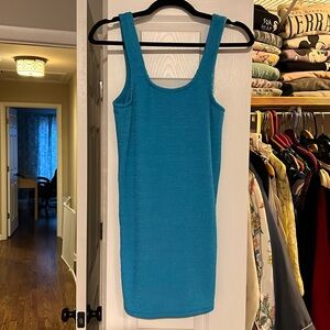 Small Araminta James teal blue body con dress with scoop neck and back